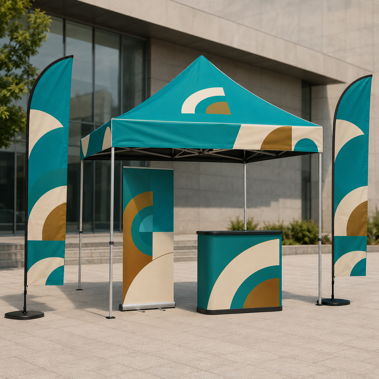 Mockup de carpa, banderolas, banner y counter promocional